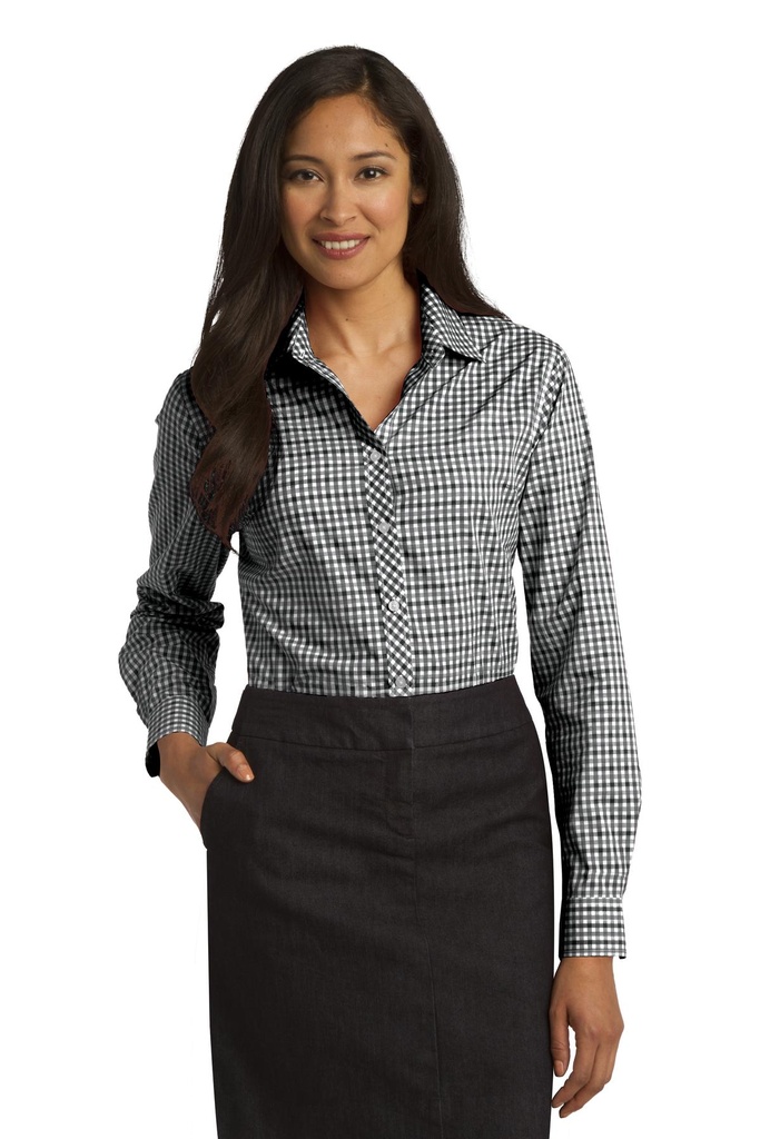 Embroidery Port Authority® Ladies Long Sleeve Gingham Easy Care Shirt.