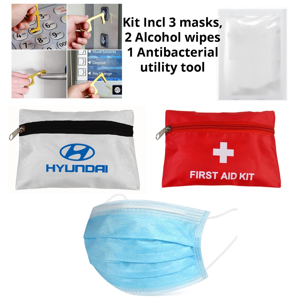 PPE Kit 3 Surgical Masks, 2 Alcohol Wipes, 1 No-Touch Opener Tool - Imprinted Pouch