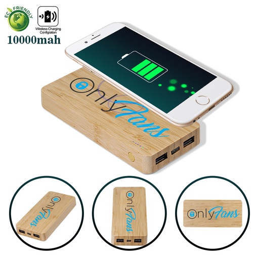 [PWB7111] Eco-Friendly Bamboo 10,000mAh Power Bank and QI Wireless Charger 2-in-1