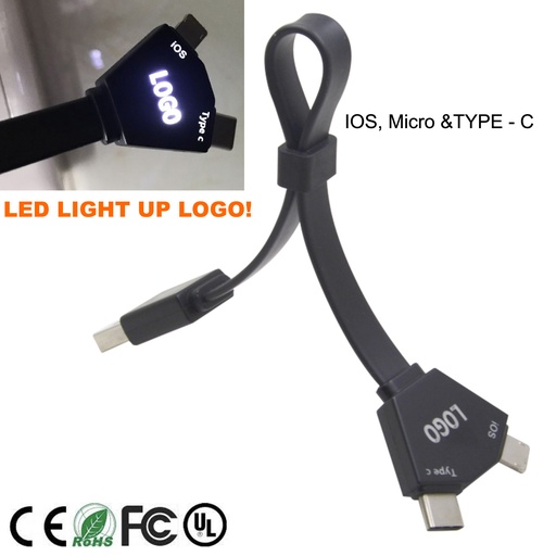 [AC6600] LED Logo 3 In 1 USB Charging Cable w/ Type C Port - Adjustable Length