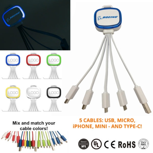 [AC7385] Light Up 5-In-1 Mobile USB Charging Cables - W/ Type C