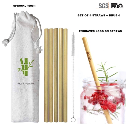 [BS4000] Set Of 4 Organic Bamboo Drinking Straws And 1 Cleaning Brush In Gorgeous Jute Gift Pouch