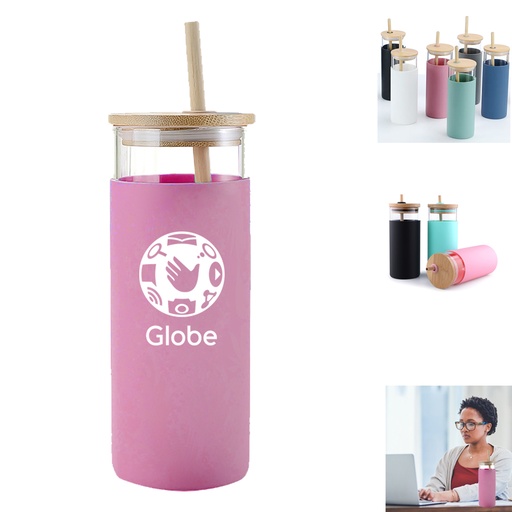 [WB1831] Nordic Glass Tumbler w/ Silicone Cover - 17oz w/ Bamboo Straw and Lid