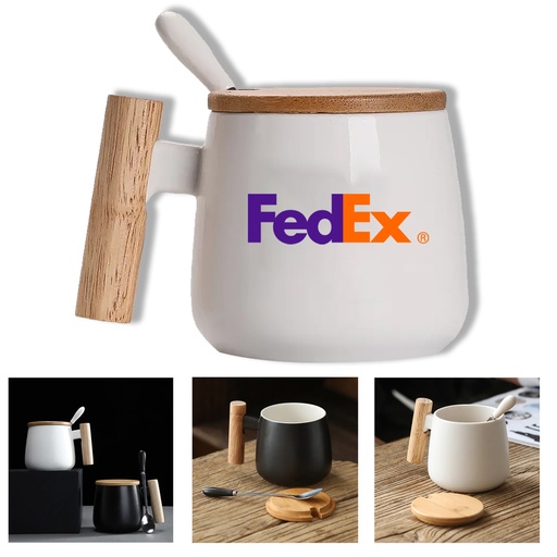 [AP1763] Woodland Mug  - Porcelain Mug with Bamboo Lid, Spoon and Wooden Handle - 12oz